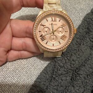 Fossil Women's Cream Band with Rose Gold Crystal Bezel Watch